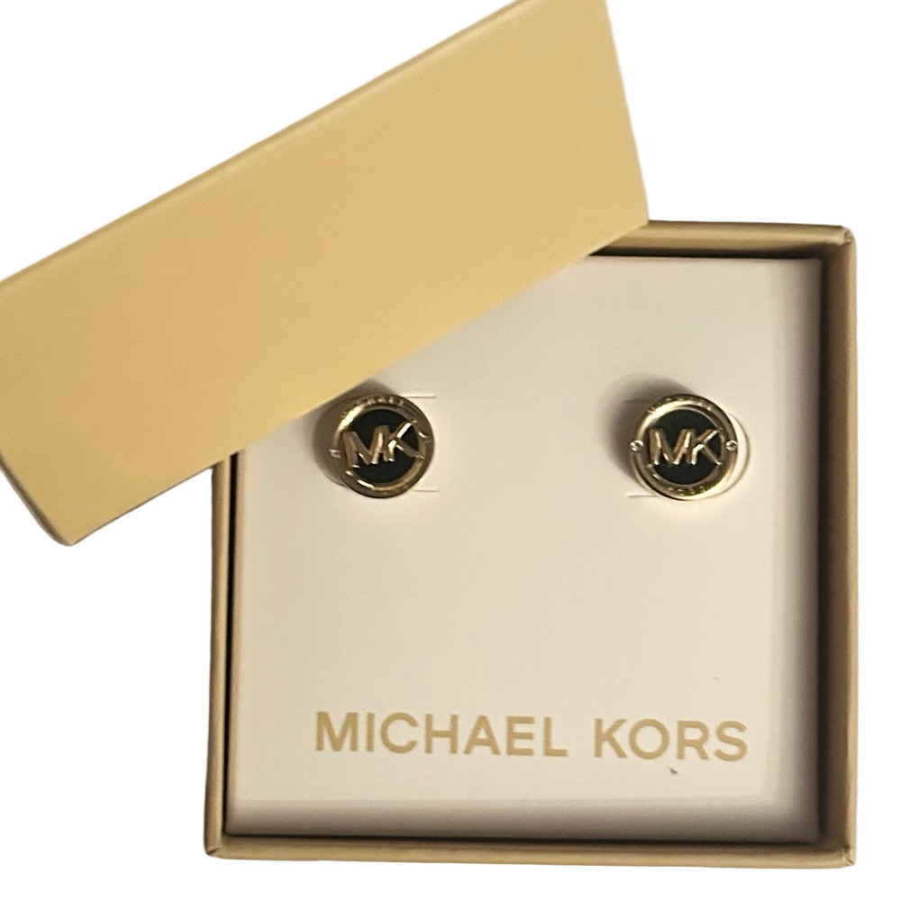 Michael Kors Logo Stud Earrings Black Gold-tone NWT